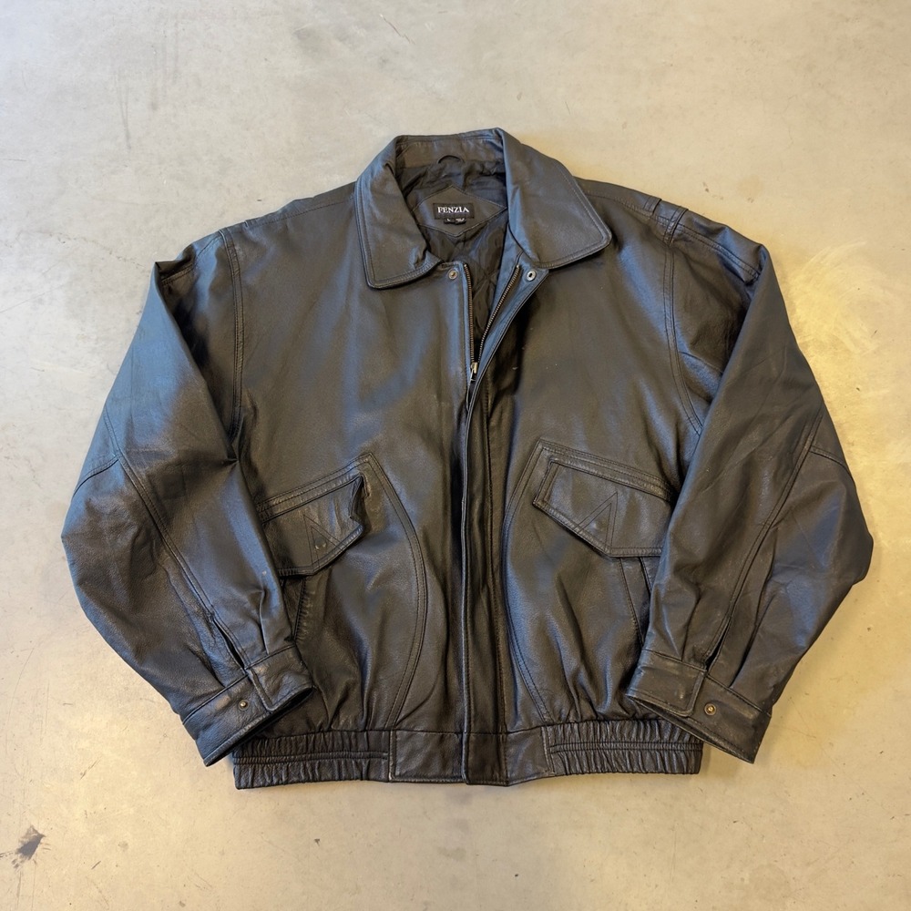Fenzia Mens Black Genuine Leather Bomber Jacket Full Zip Quilted Lining Large